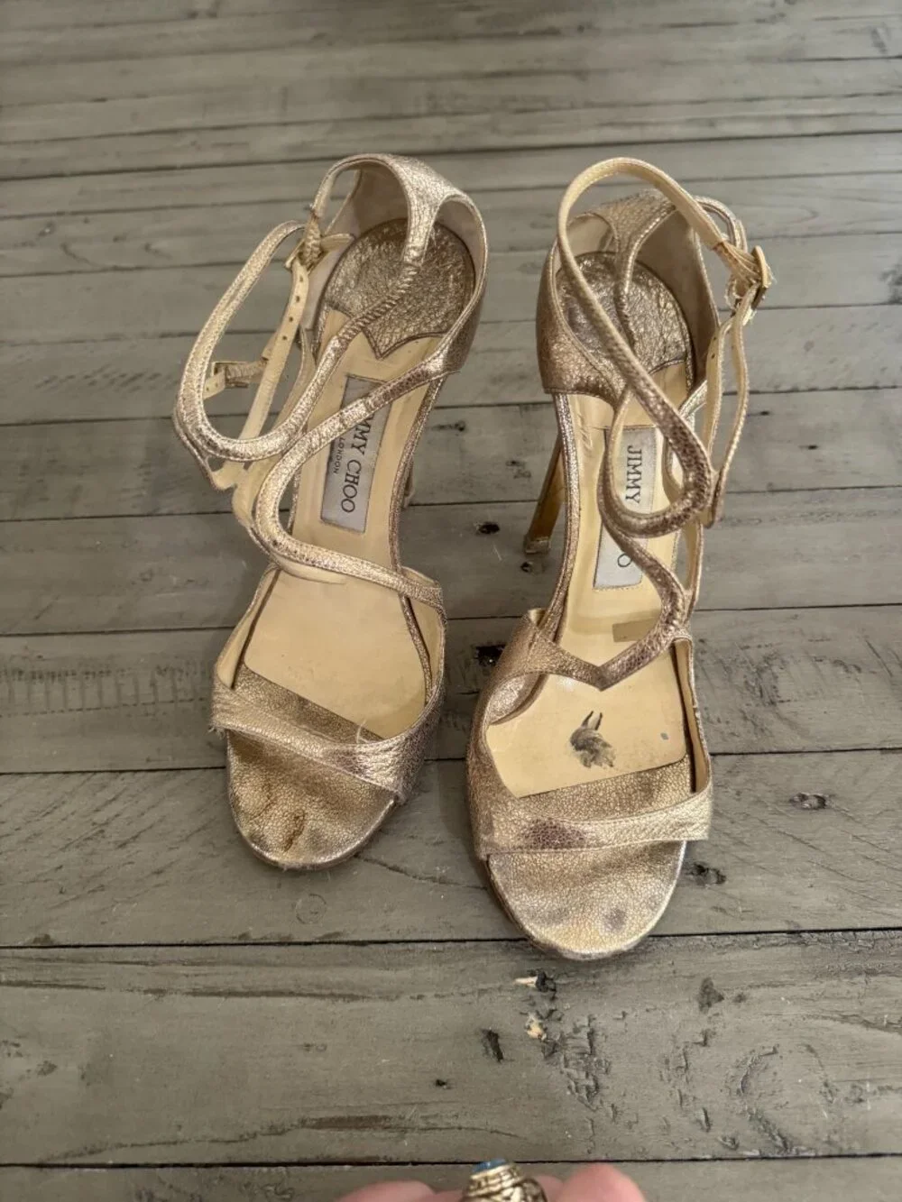 Jimmy Choo Ivette Lang Mirror Stiletto Heel Strappy Leather Pumps Gold 38